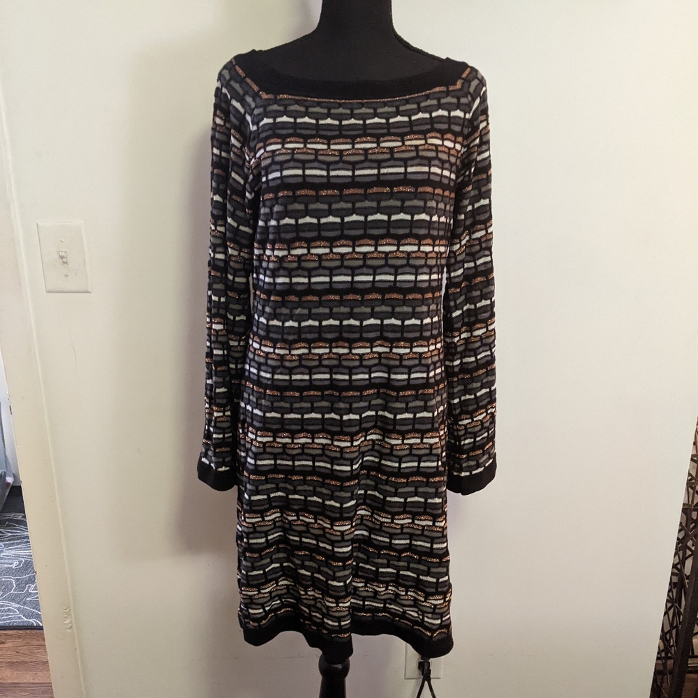 Laundry by Shelli Segal metallic neutral sweater dress M brick pattern